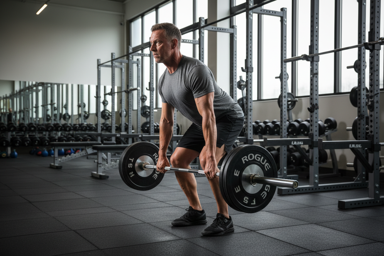a middle aged Caucasian man in good shape doing Barbell Rows in a gym