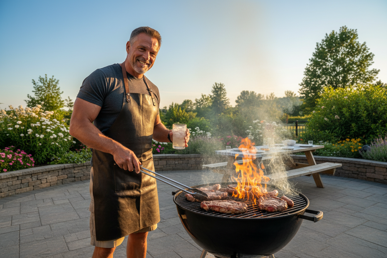 A middle aged Caucasian man in good shape grilling meat outdoors